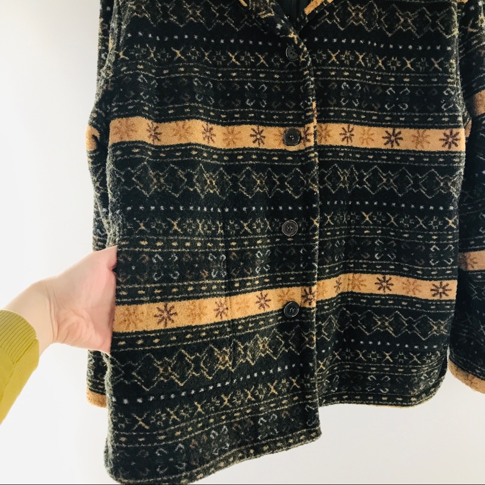 Vintage Sandro Sport Fleece Green Tan Pattern Poly Pile Collar Button Up Jacket - Picture 3 of 16